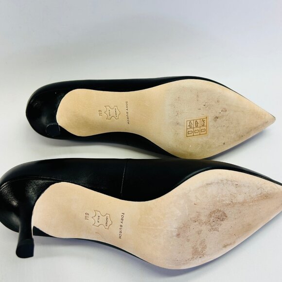 Tory Burch Eleanor Pointed Toe Leather Pump Size 8 Black Kitten Heel Classic - Picture 12 of 16